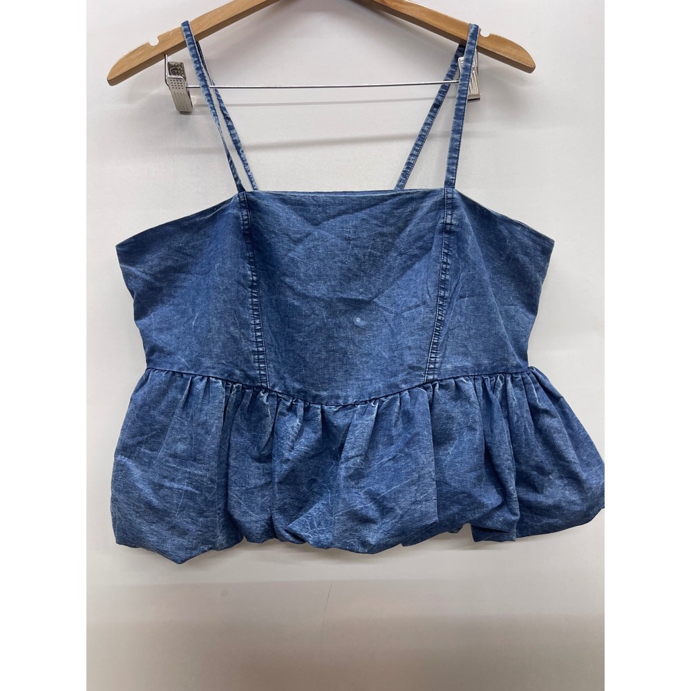 Girl Soul Denim Peplum Cami Top Blue Acid Wash Smocked Back XL Sleeveless Bubble